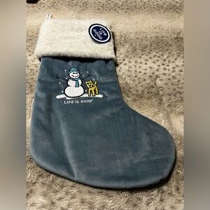 LIFE IS GOOD Christmas Stocking Embroidered Snowman & Dog Rocket Velvet Faux Fur